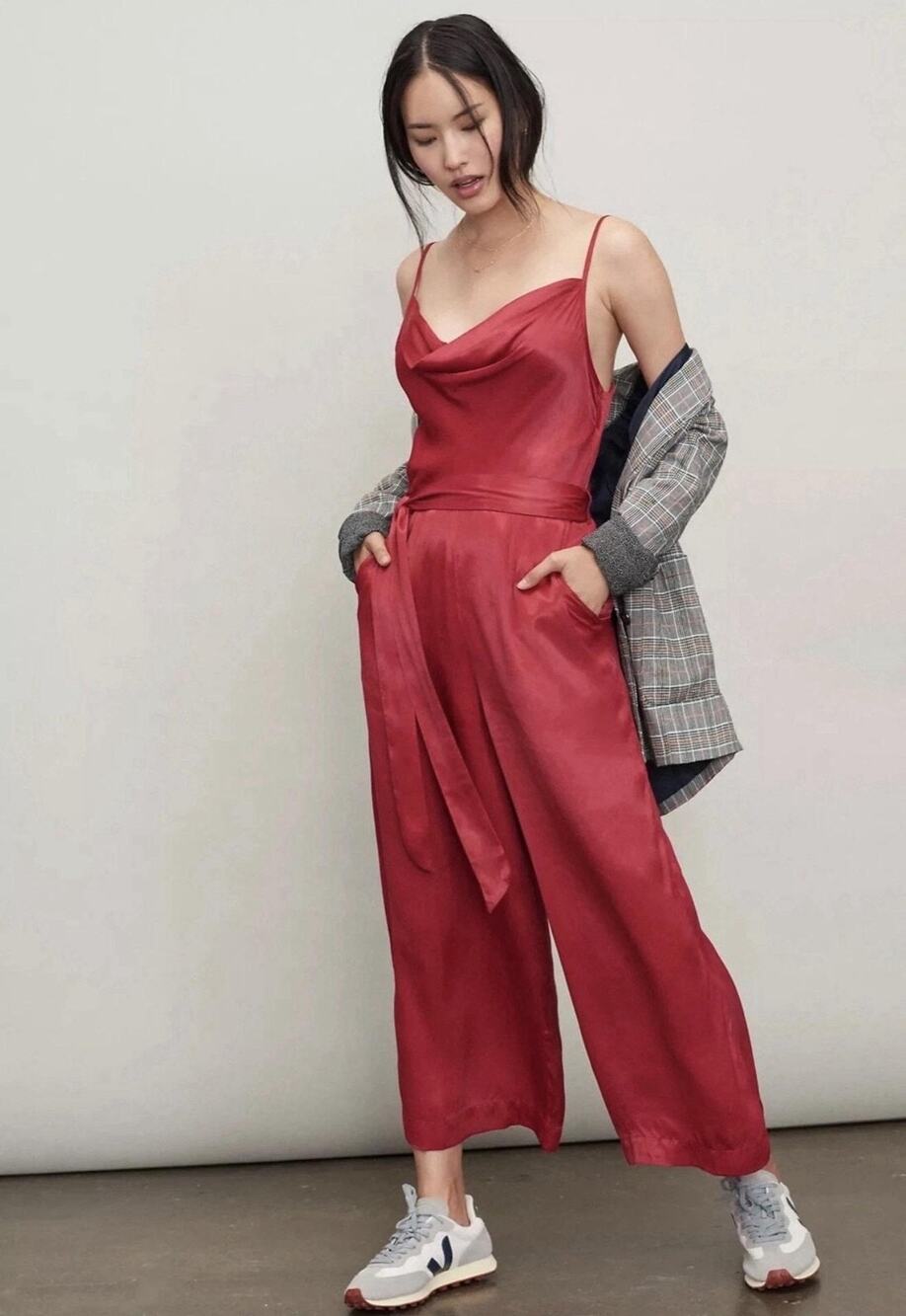 Bl-nk Jumpsuit Womens M Red Satin Cowl Neck Wide Leg Adjustable Strap Belted